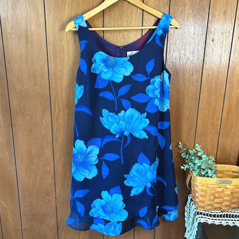 Vintage 90's S.I. Fashions Navy Blue Floral Sleeveless V‎ Neck Beach Vacation